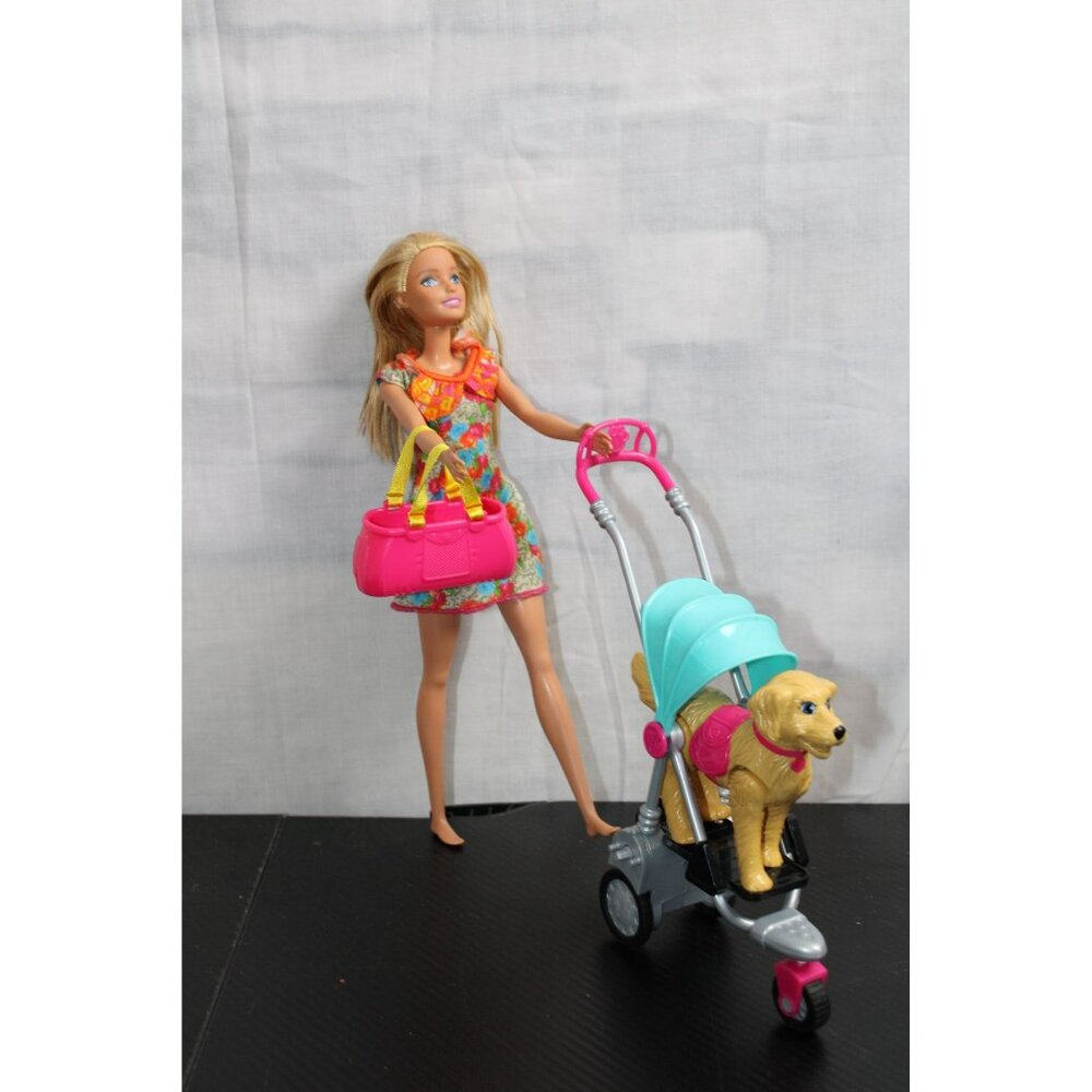 Vintage Barbie Doll Set With Pet Dog And Stroller